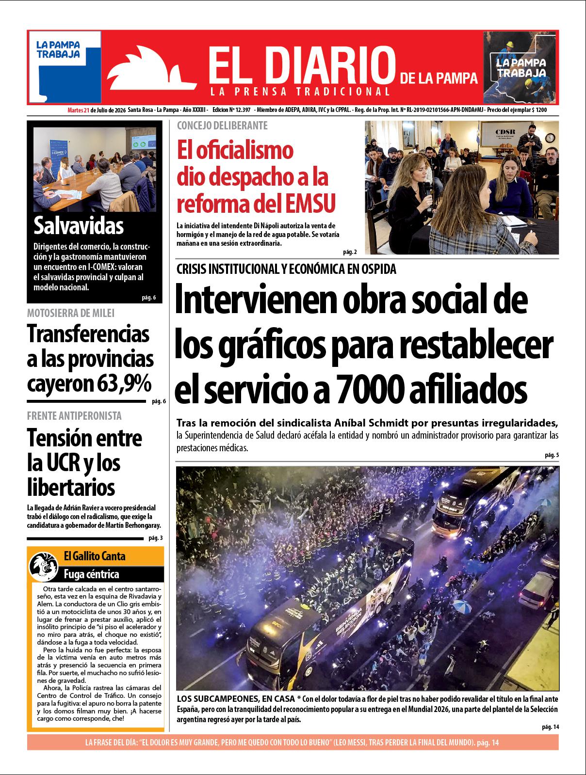 Tapa de El Diario en papel  martes 21 de julio de 2026